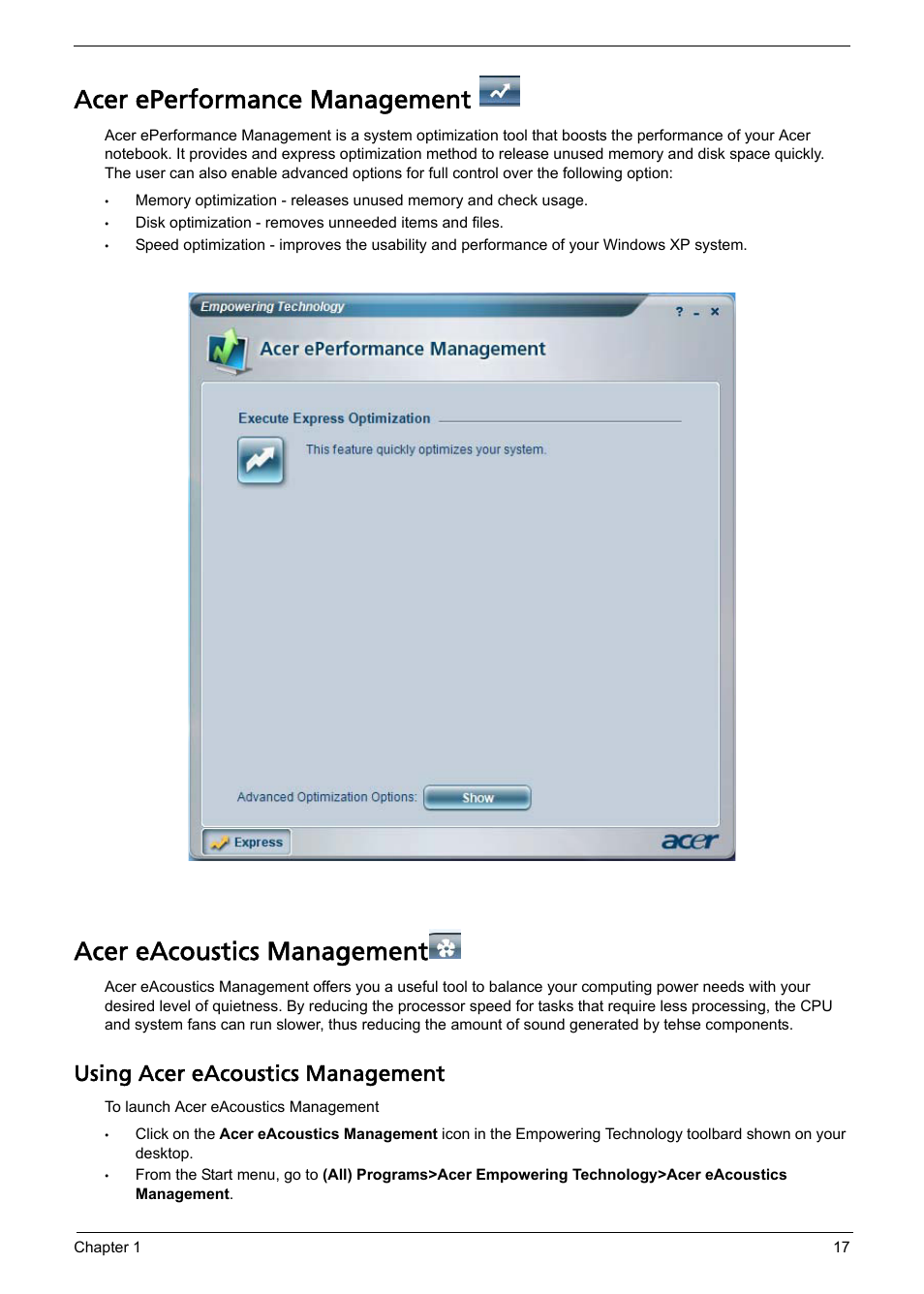 Acer eperformance management, Acer eacoustics management, Using acer eacoustics management | Acer Aspire L310 User Manual | Page 25 / 117