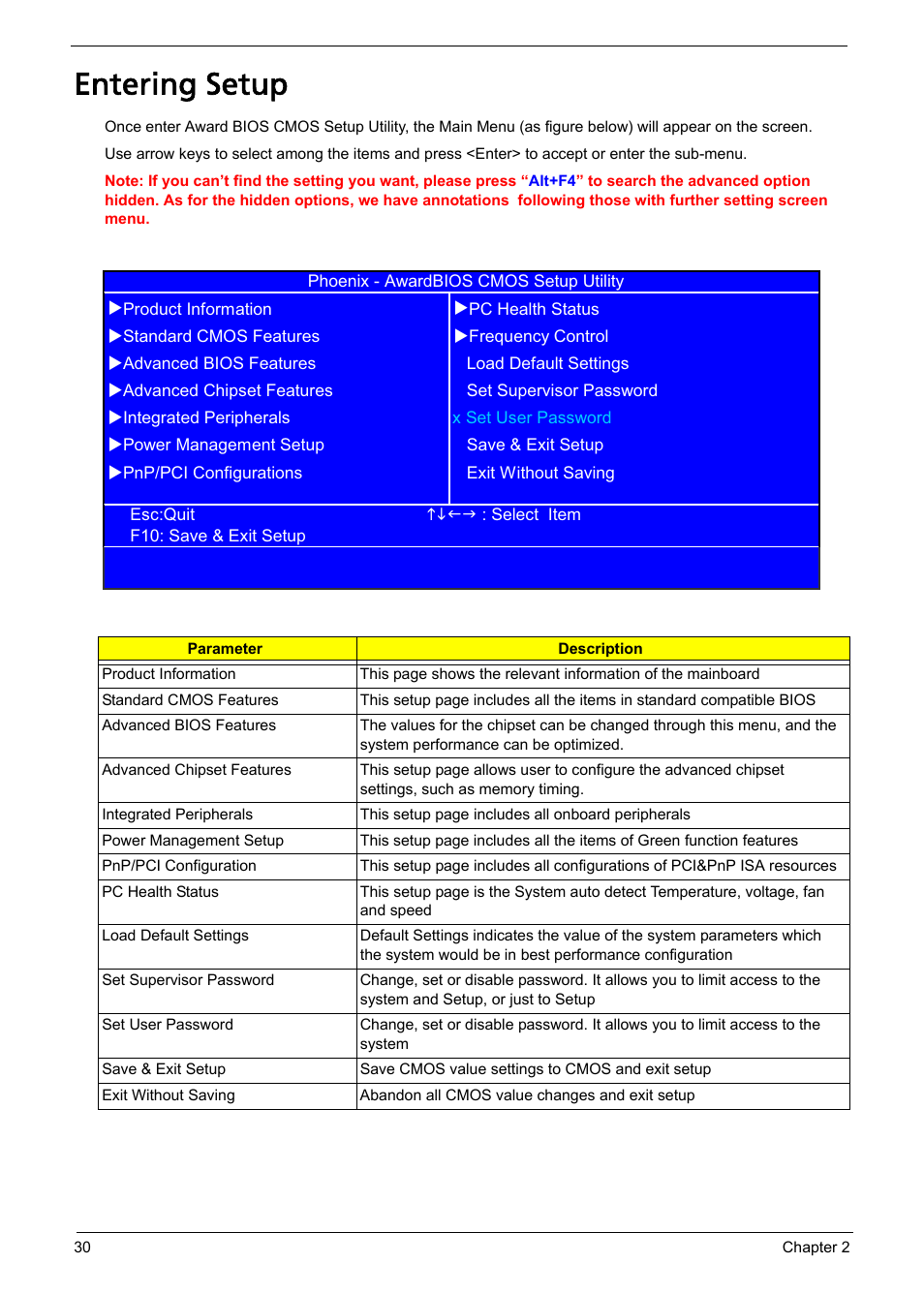 Entering setup | Acer Aspire L310 User Manual | Page 38 / 117