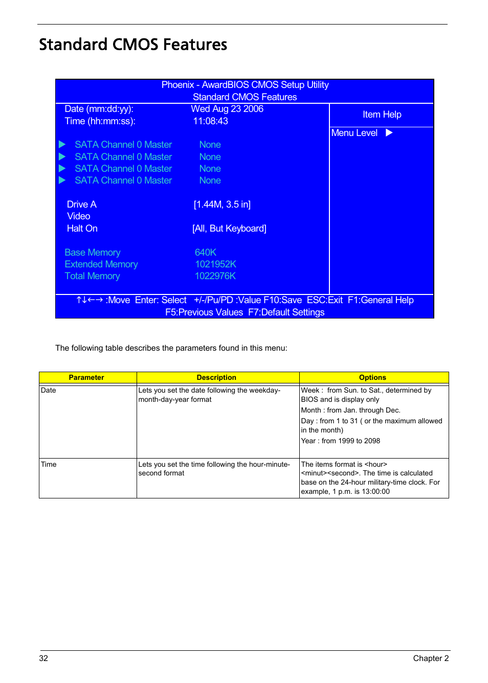 Standard cmos features | Acer Aspire L310 User Manual | Page 40 / 117