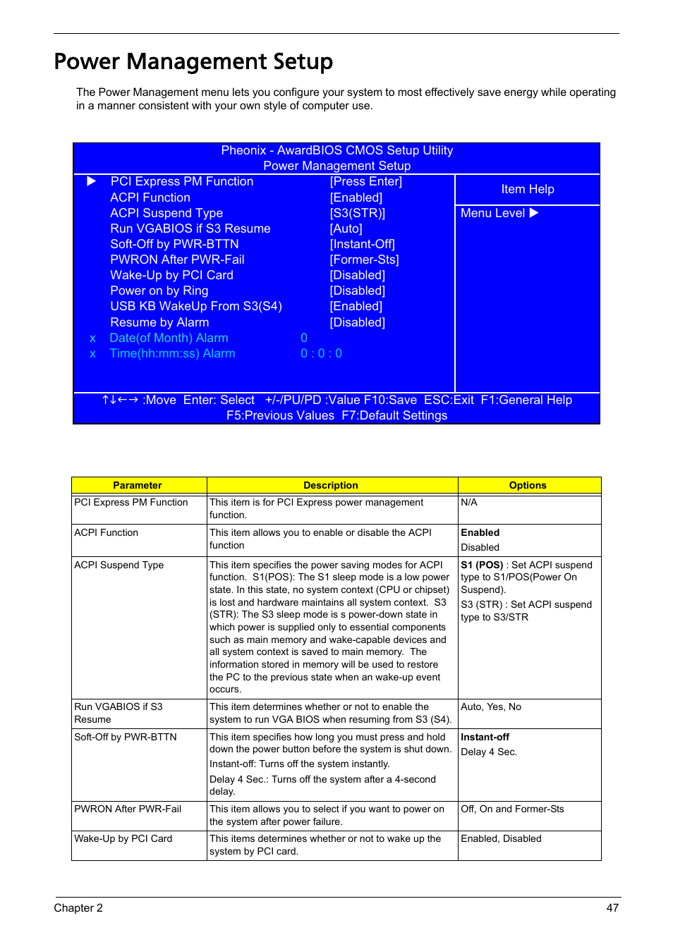 Power management setup | Acer Aspire L310 User Manual | Page 55 / 117