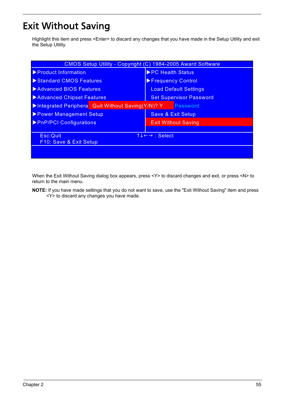 Exit without saving | Acer Aspire L310 User Manual | Page 63 / 117
