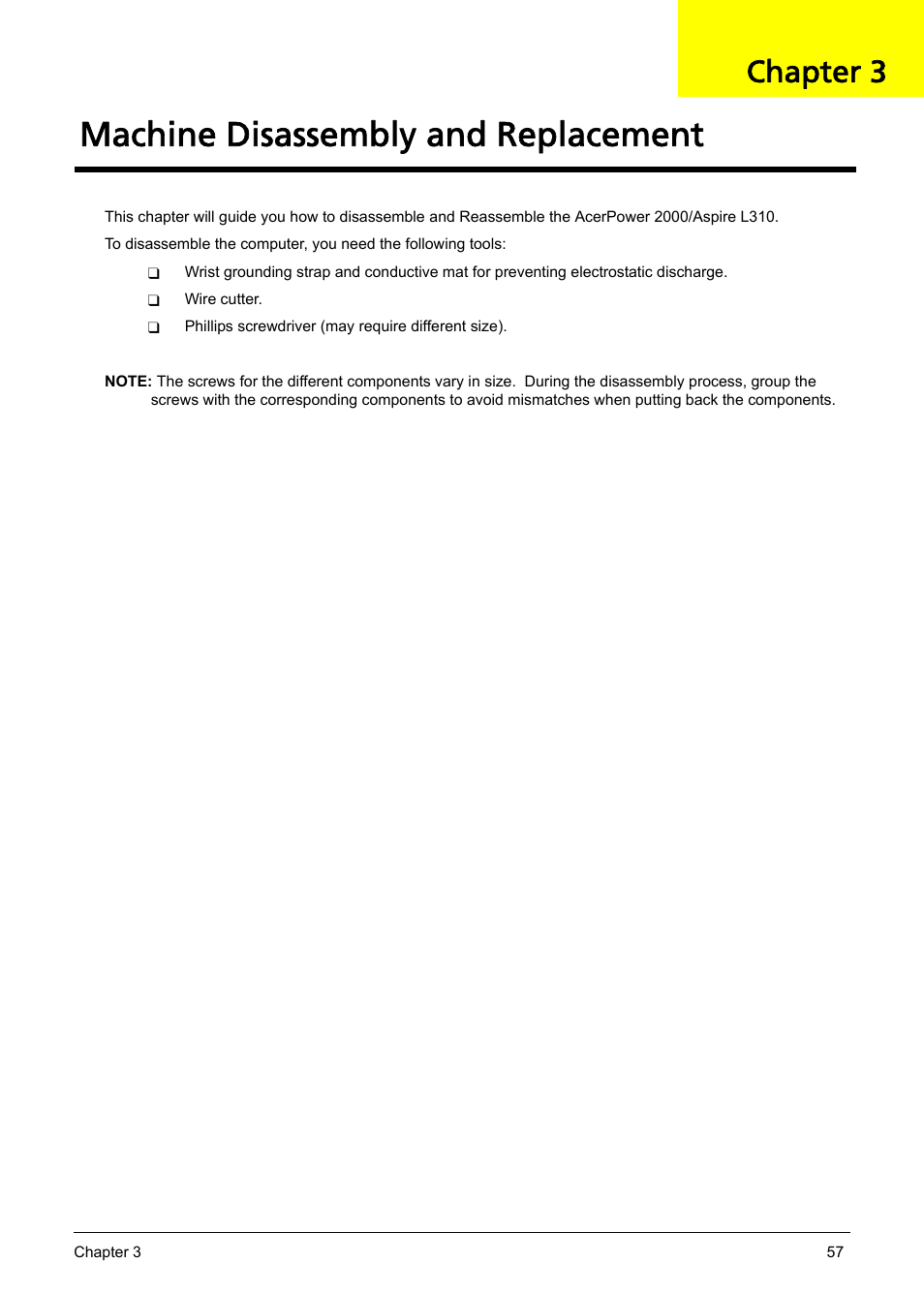 Ch.3 machine disassembly and replacement, Machine disassembly and replacement, Chapter 3 | Acer Aspire L310 User Manual | Page 65 / 117