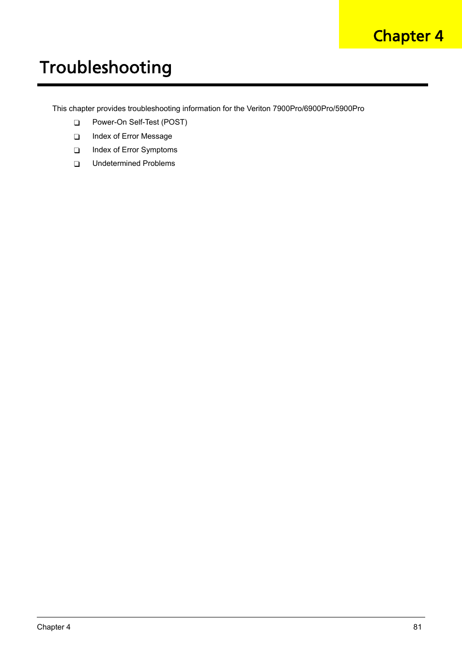 Ch.4 troubleshooting, Troubleshooting, Chapter 4 | Acer Aspire L310 User Manual | Page 89 / 117