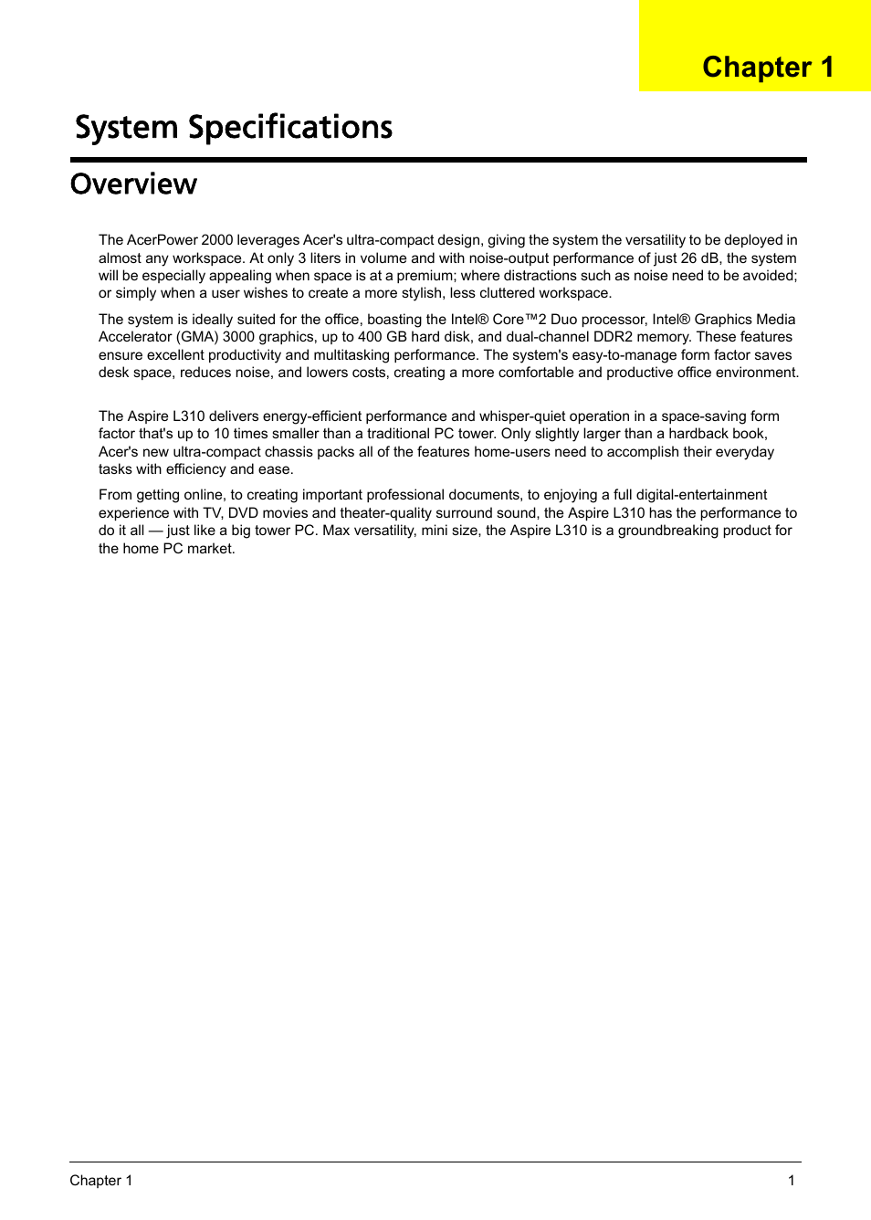 Ch.1 system specifications, Overview, System specifications | Chapter 1 | Acer Aspire L310 User Manual | Page 9 / 117