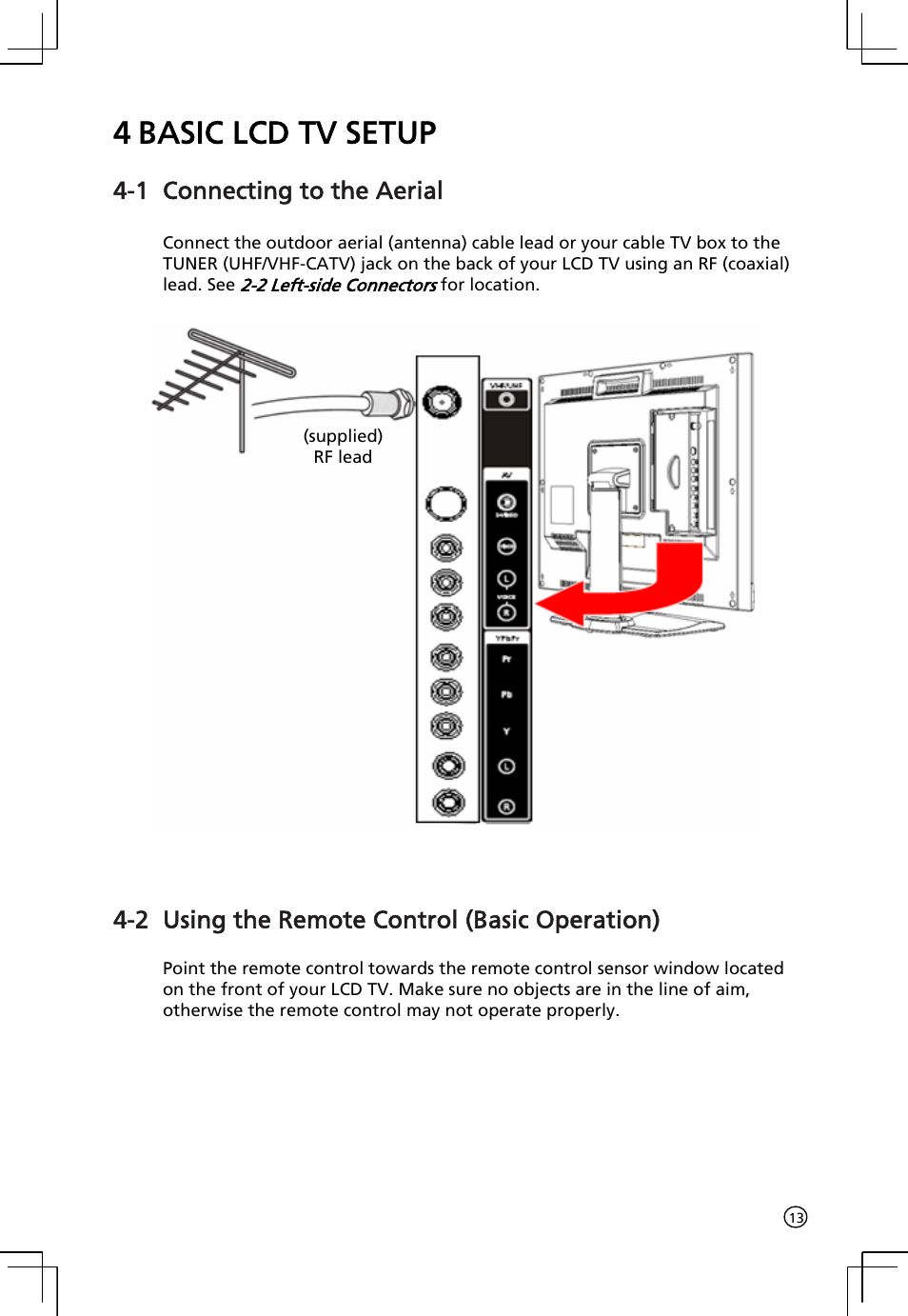 4 basic lcd tv setup, 1 connecting to the aerial, 2 using the remote control (basic operation) | Acer AT2001 User Manual | Page 13 / 34