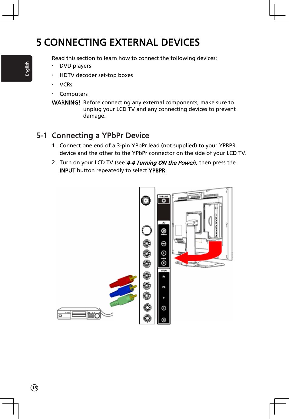 5 connecting external devices, 1 connecting a ypbpr device | Acer AT2001 User Manual | Page 18 / 34