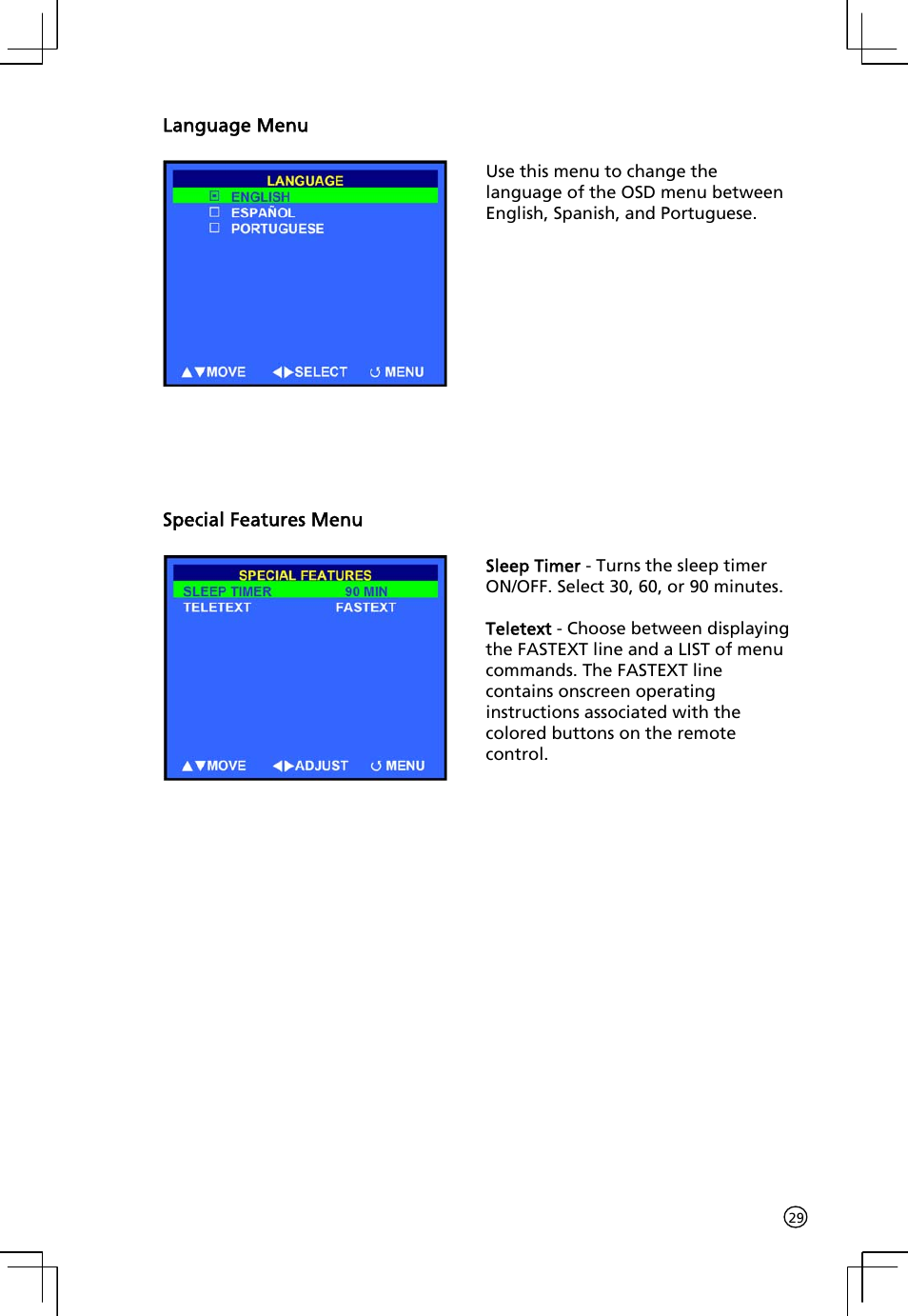 Language menu, Special features menu | Acer AT2001 User Manual | Page 29 / 34