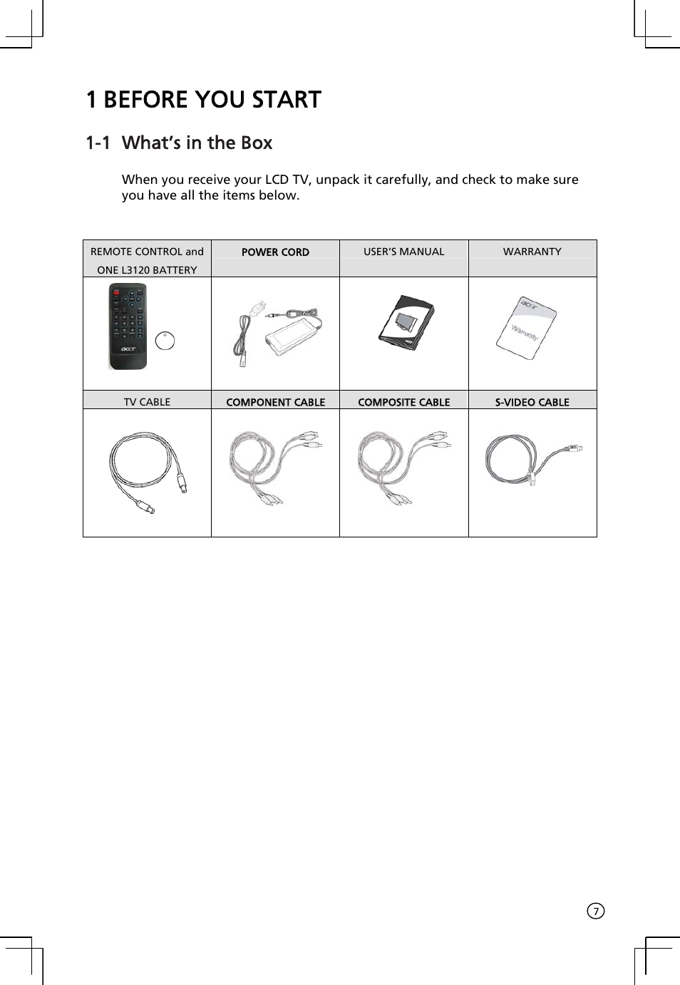 1 before you start, 1 what’s in the box | Acer AT2001 User Manual | Page 7 / 34