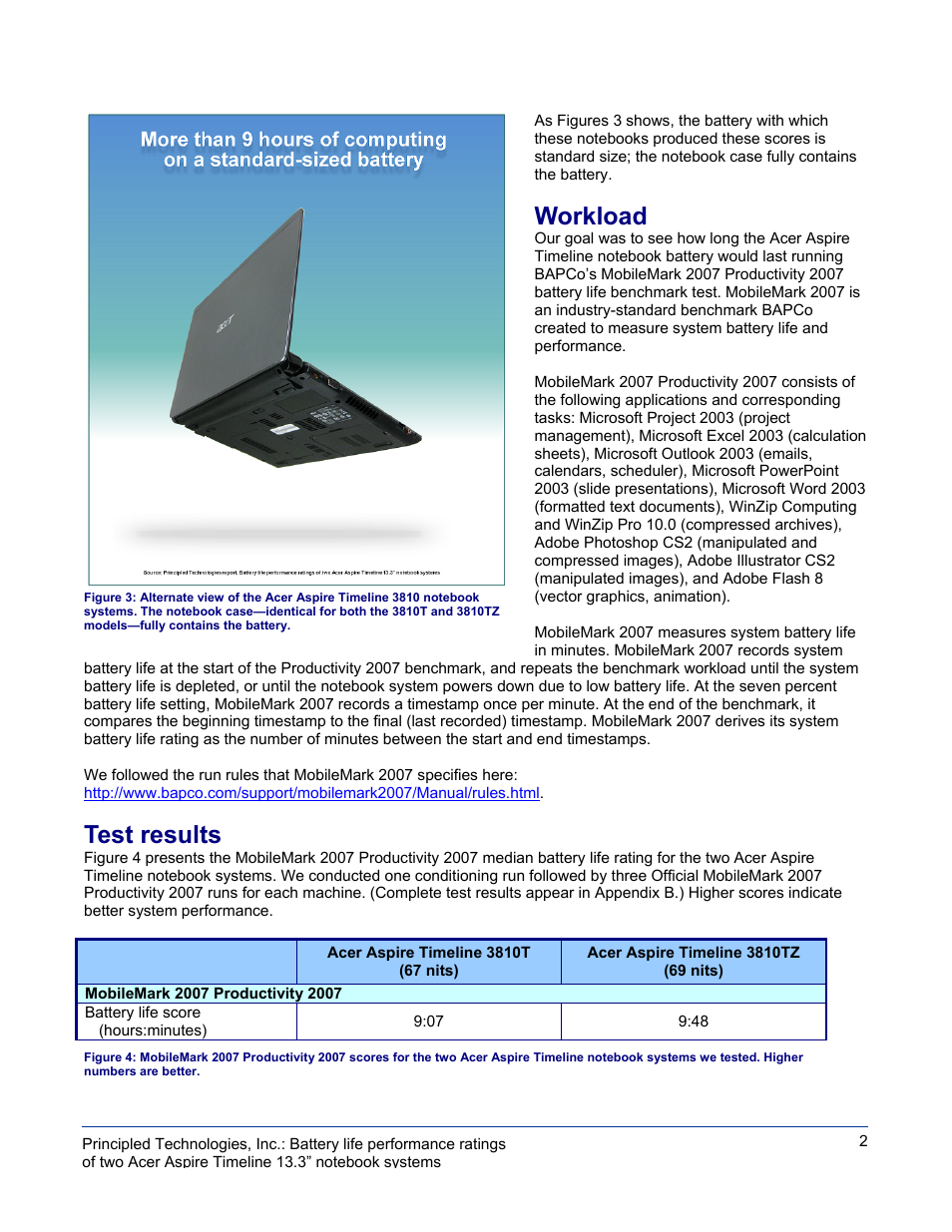 Workload, Test results | Acer 3810T User Manual | Page 2 / 12