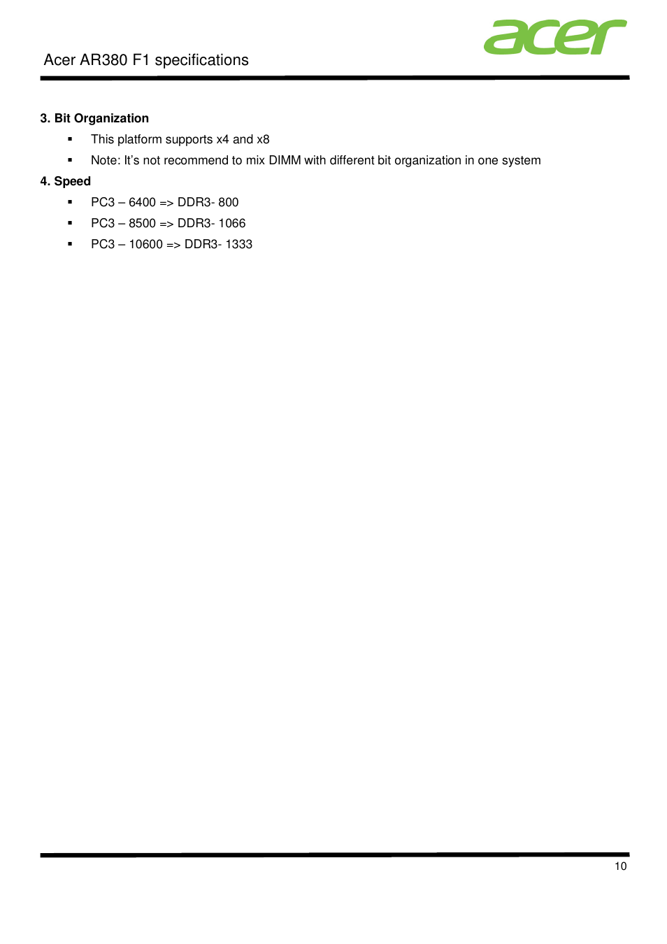 Acer ar380 f1 specifications | Acer AR380 F1 User Manual | Page 10 / 17