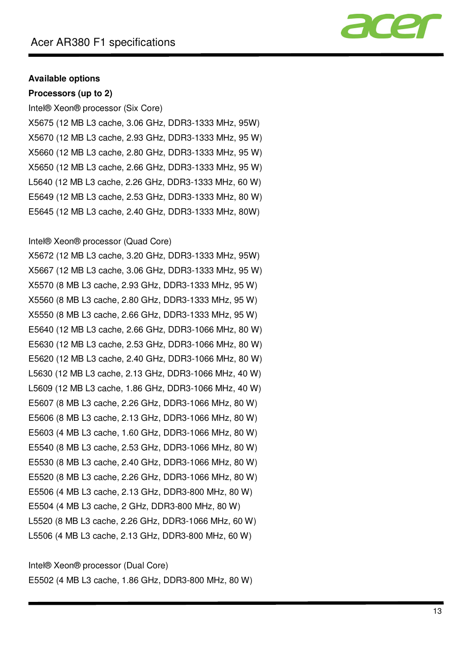 Acer ar380 f1 specifications | Acer AR380 F1 User Manual | Page 13 / 17