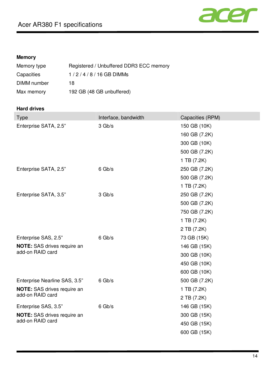Acer ar380 f1 specifications | Acer AR380 F1 User Manual | Page 14 / 17