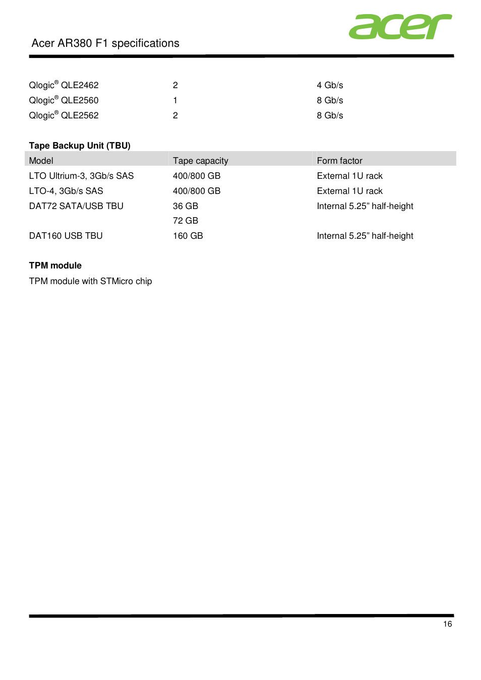 Acer ar380 f1 specifications | Acer AR380 F1 User Manual | Page 16 / 17