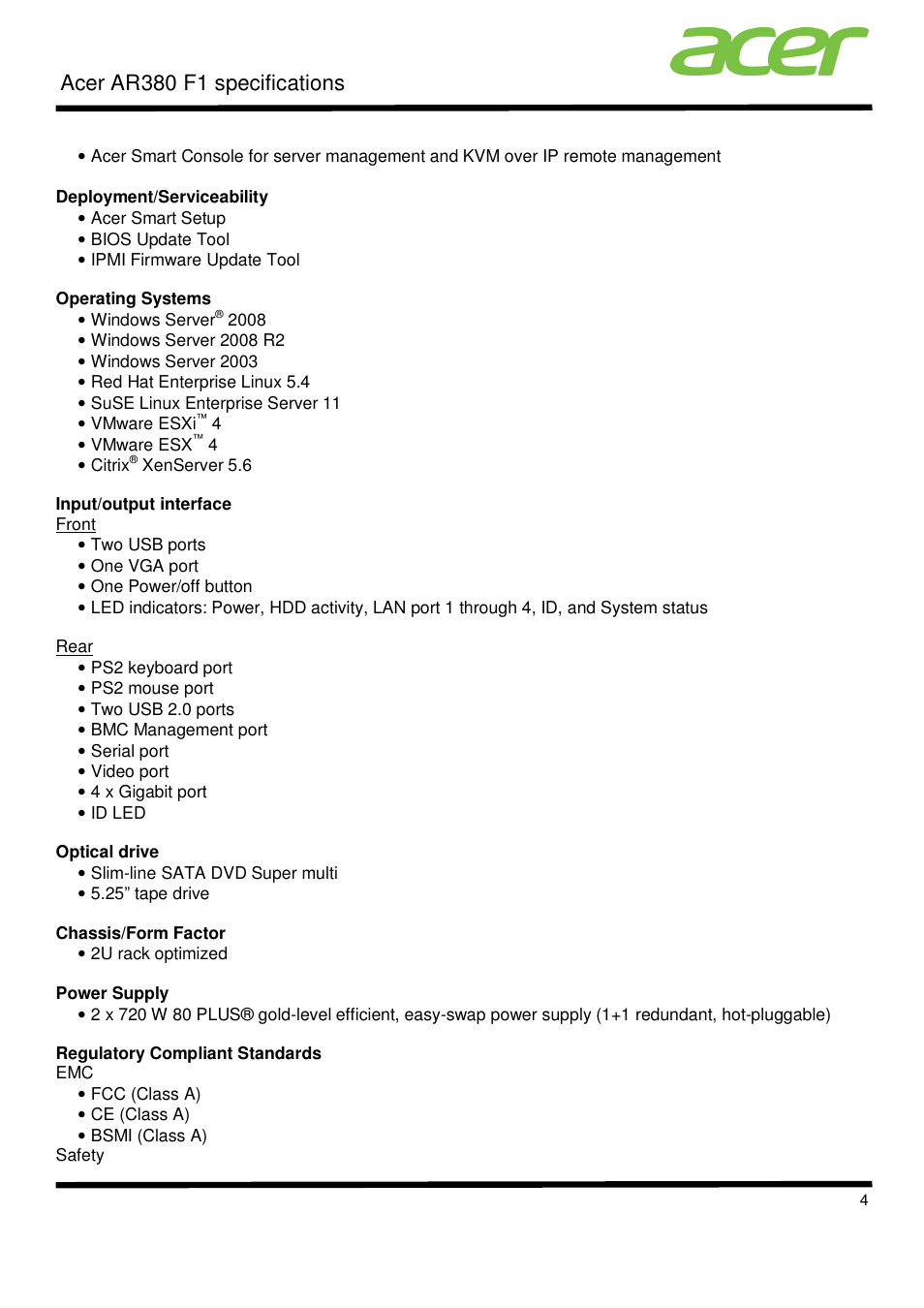 Acer ar380 f1 specifications | Acer AR380 F1 User Manual | Page 4 / 17