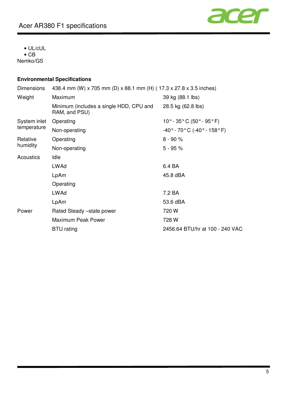 Acer ar380 f1 specifications | Acer AR380 F1 User Manual | Page 5 / 17