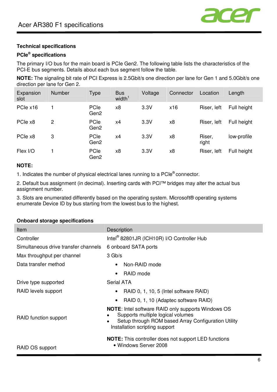 Acer ar380 f1 specifications | Acer AR380 F1 User Manual | Page 6 / 17