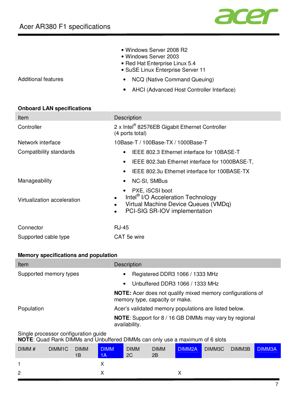 Acer ar380 f1 specifications | Acer AR380 F1 User Manual | Page 7 / 17