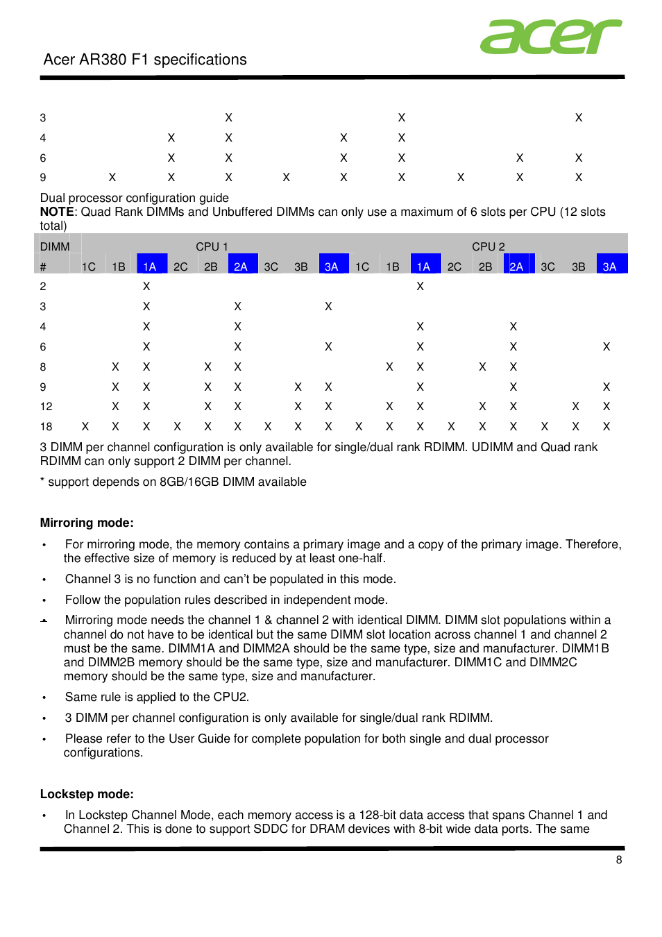 Acer ar380 f1 specifications | Acer AR380 F1 User Manual | Page 8 / 17