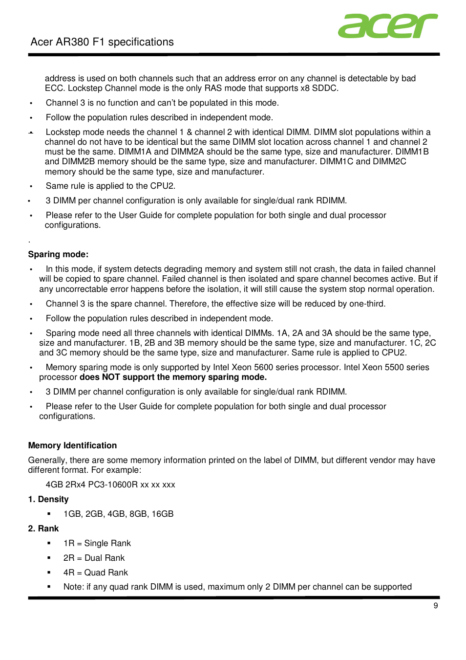 Acer ar380 f1 specifications | Acer AR380 F1 User Manual | Page 9 / 17