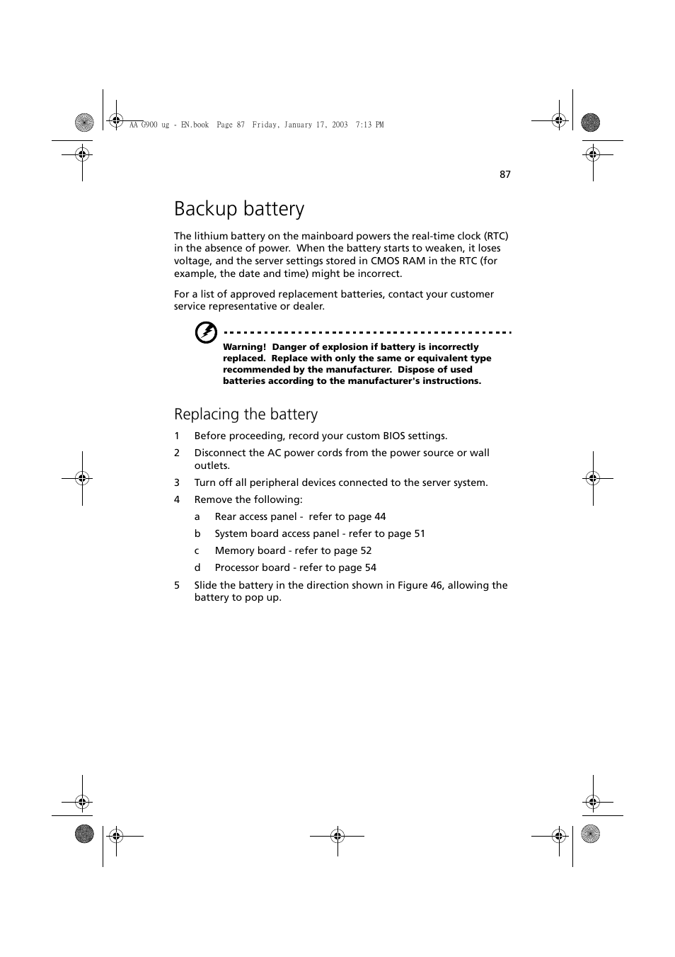 Backup battery, Replacing the battery | Acer Altos G901 User Manual | Page 103 / 244