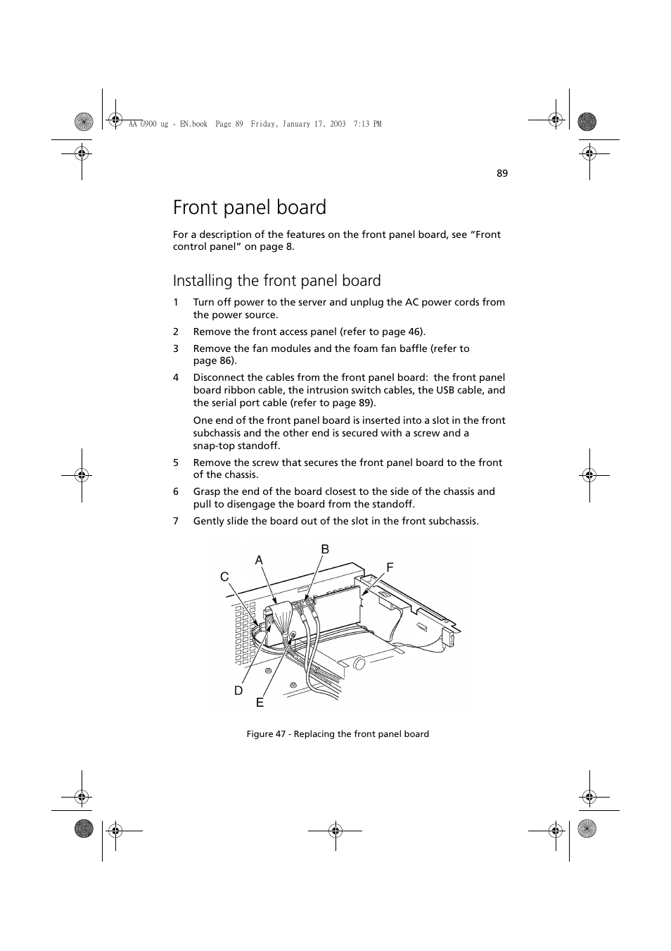 Front panel board, Installing the front panel board | Acer Altos G901 User Manual | Page 105 / 244