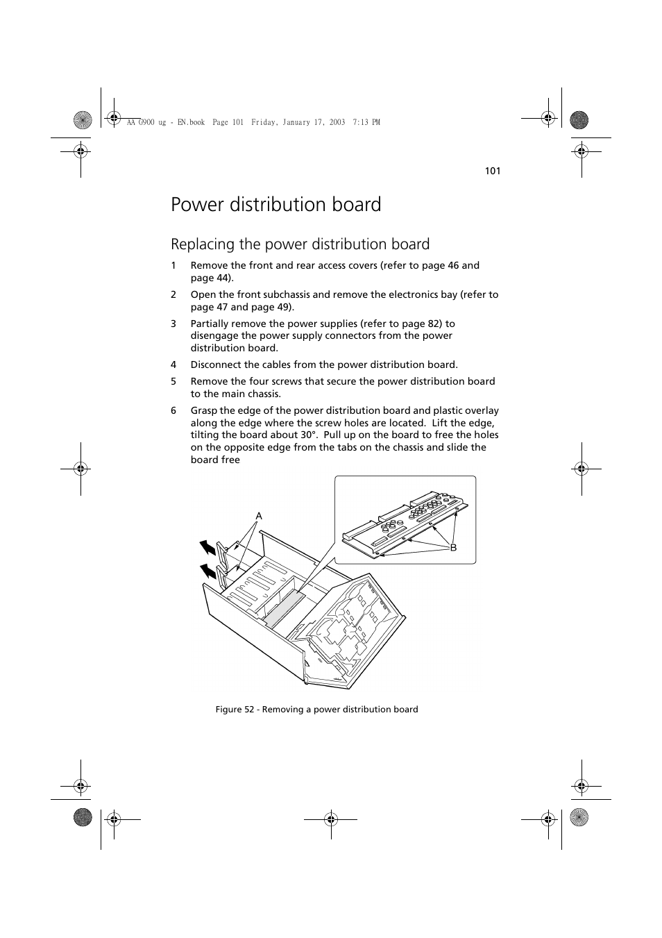 Power distribution board, Replacing the power distribution board | Acer Altos G901 User Manual | Page 117 / 244