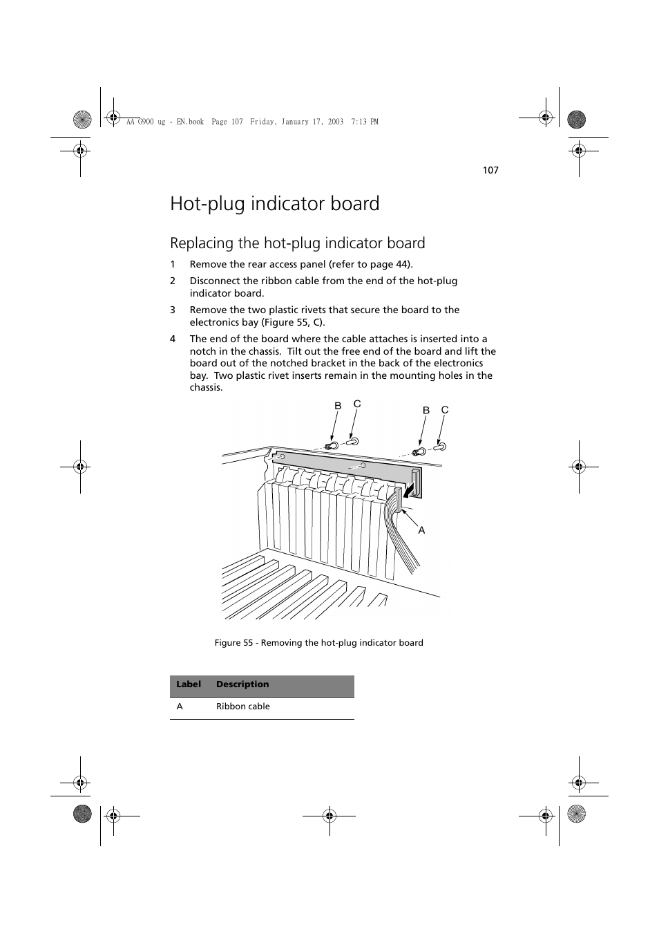 Hot-plug indicator board, Replacing the hot-plug indicator board | Acer Altos G901 User Manual | Page 123 / 244