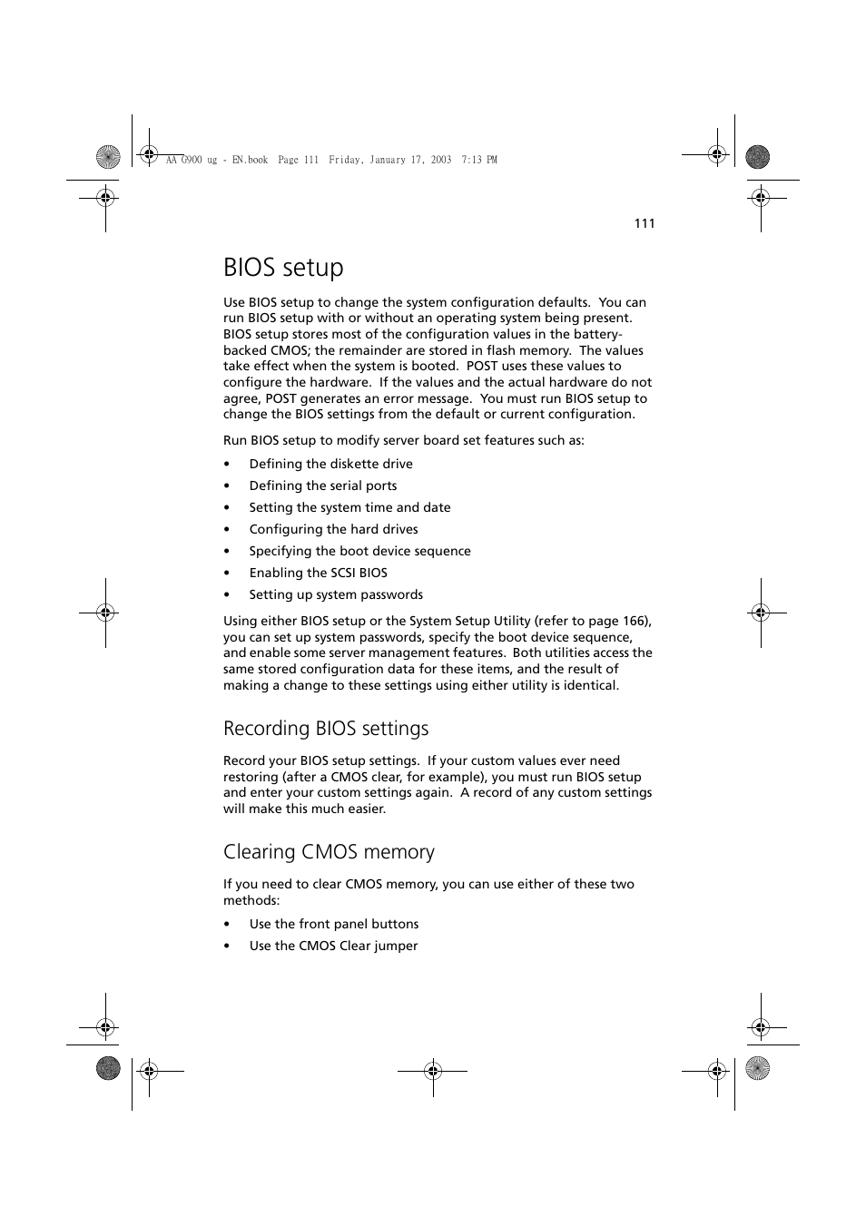 Bios setup, Recording bios settings, Clearing cmos memory | Acer Altos G901 User Manual | Page 127 / 244