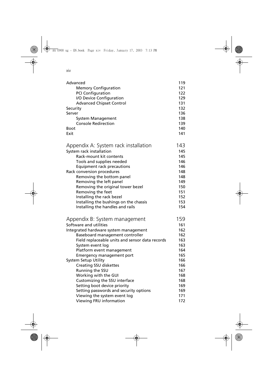 Appendix a: system rack installation 143, Appendix b: system management 159 | Acer Altos G901 User Manual | Page 14 / 244