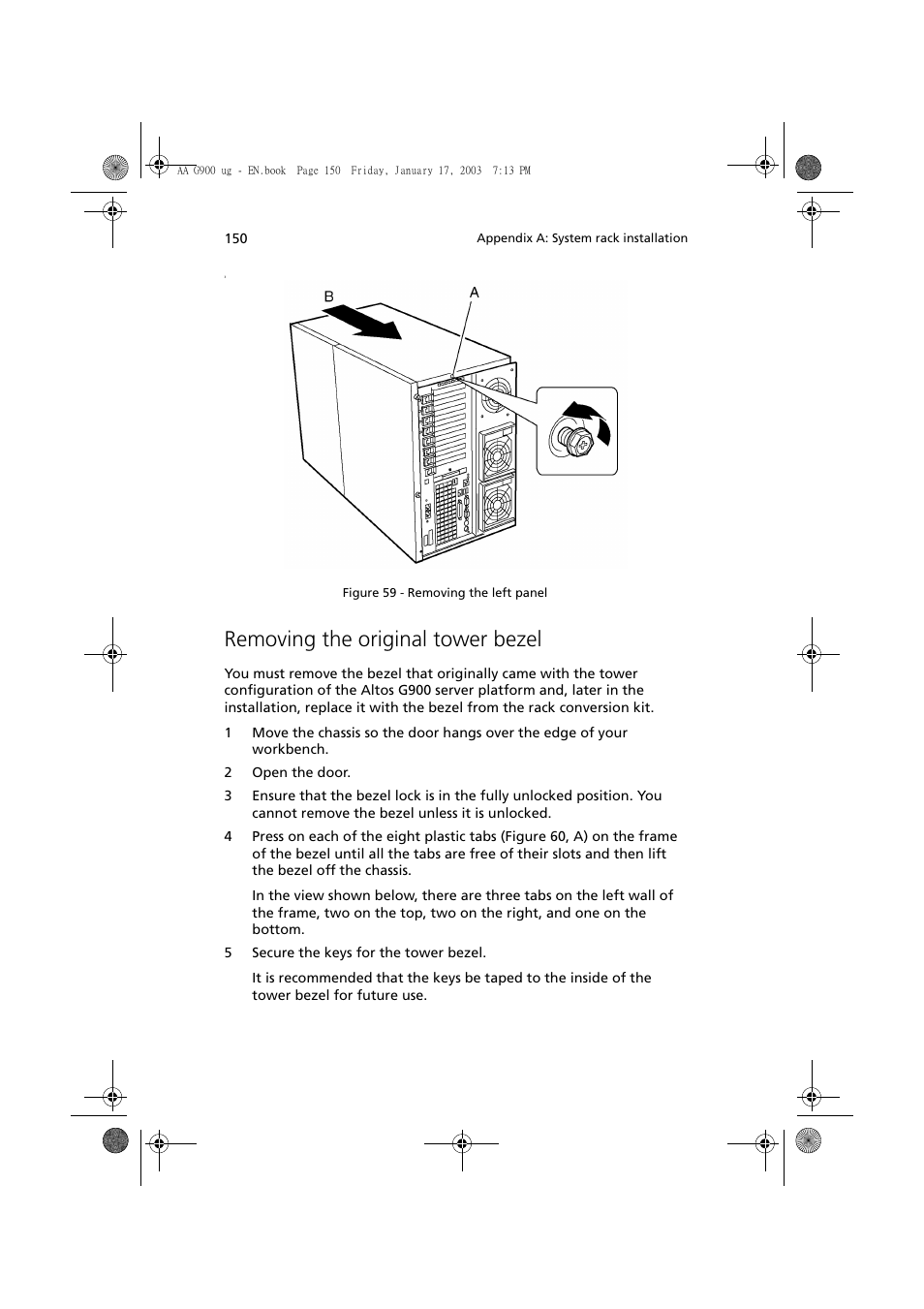 Removing the original tower bezel | Acer Altos G901 User Manual | Page 166 / 244