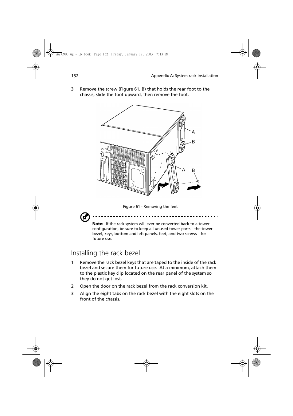 Installing the rack bezel | Acer Altos G901 User Manual | Page 168 / 244