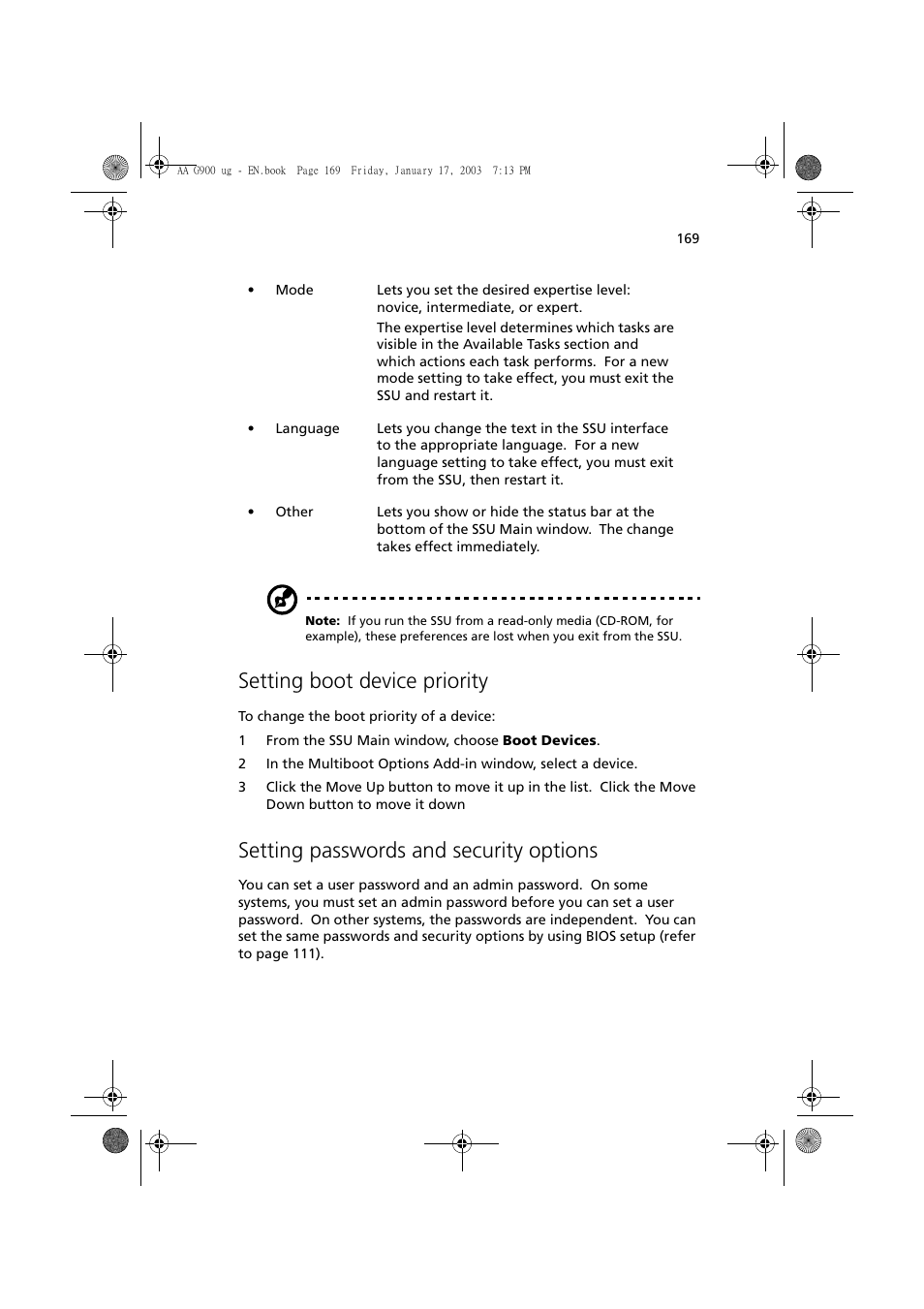 Setting boot device priority, Setting passwords and security options | Acer Altos G901 User Manual | Page 185 / 244