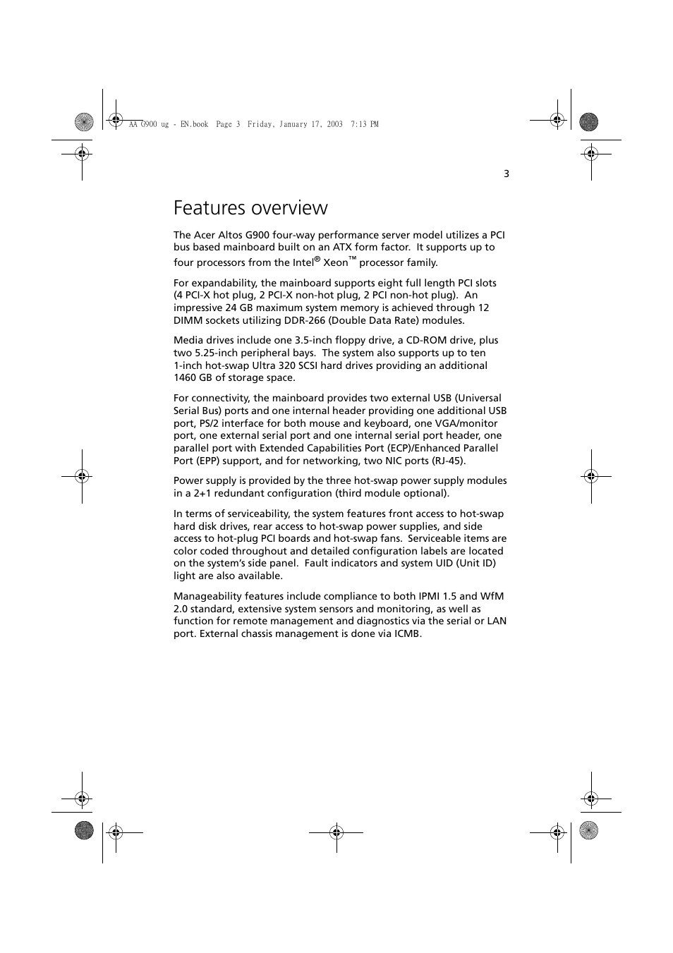 Features overview | Acer Altos G901 User Manual | Page 19 / 244