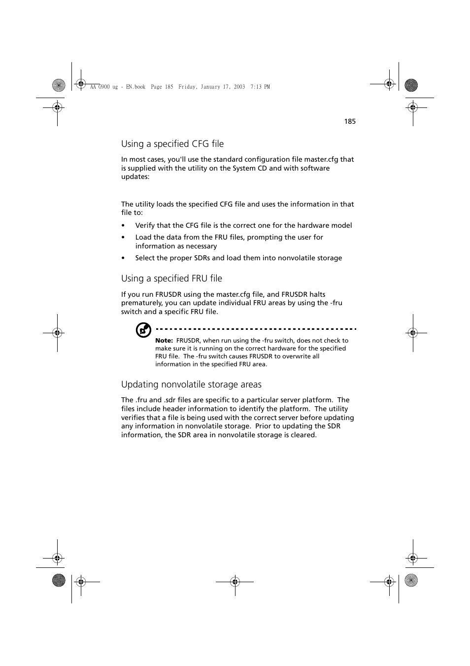 Using a specified cfg file, Using a specified fru file, Updating nonvolatile storage areas | Acer Altos G901 User Manual | Page 201 / 244