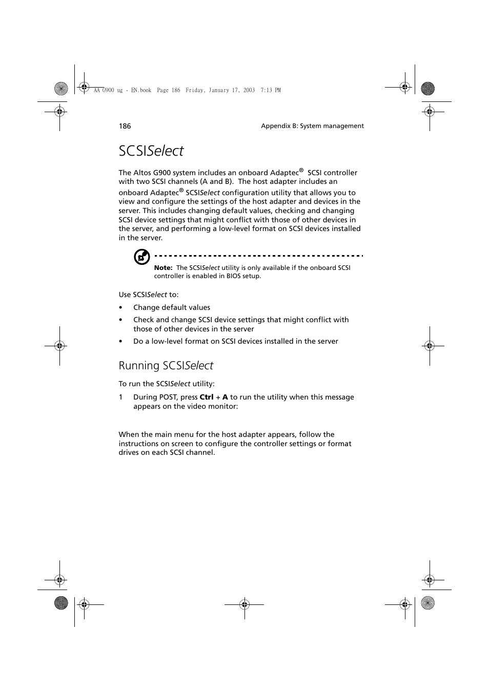 Scsiselect, Running scsiselect, Scsi select | Running scsi select | Acer Altos G901 User Manual | Page 202 / 244