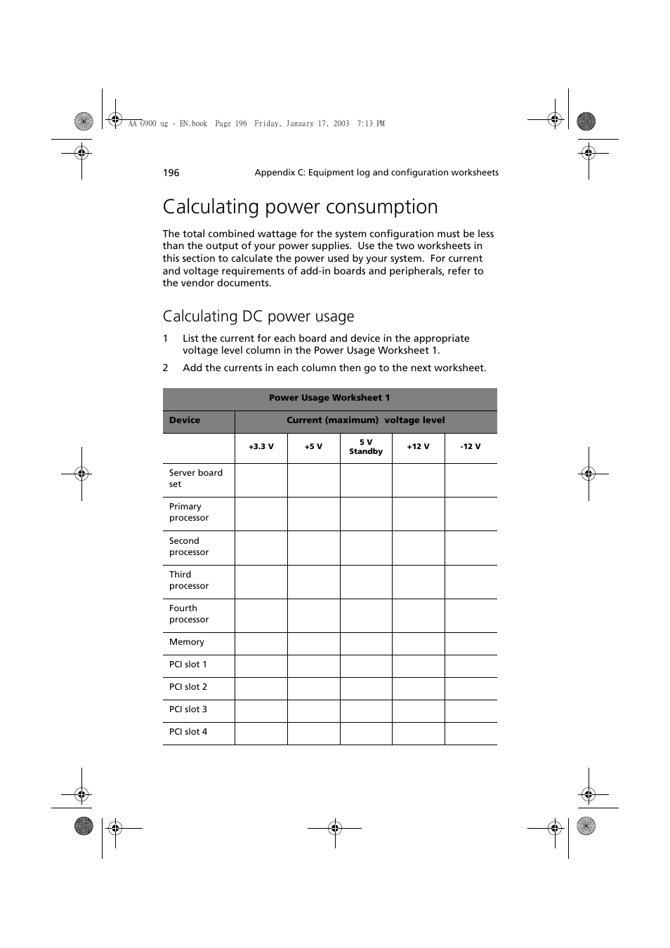 Calculating power consumption, Calculating dc power usage | Acer Altos G901 User Manual | Page 212 / 244