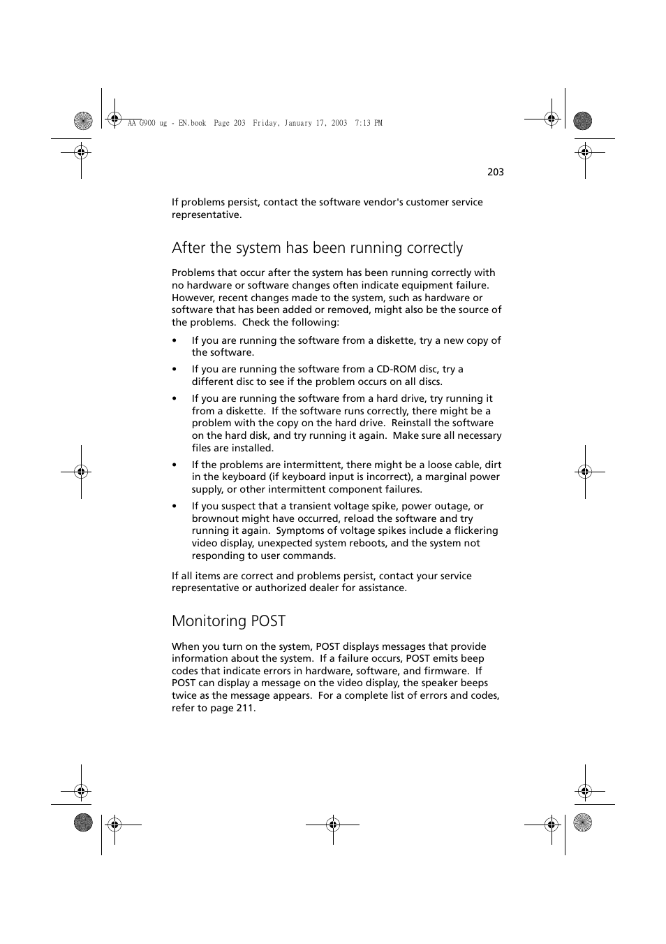 After the system has been running correctly, Monitoring post | Acer Altos G901 User Manual | Page 219 / 244