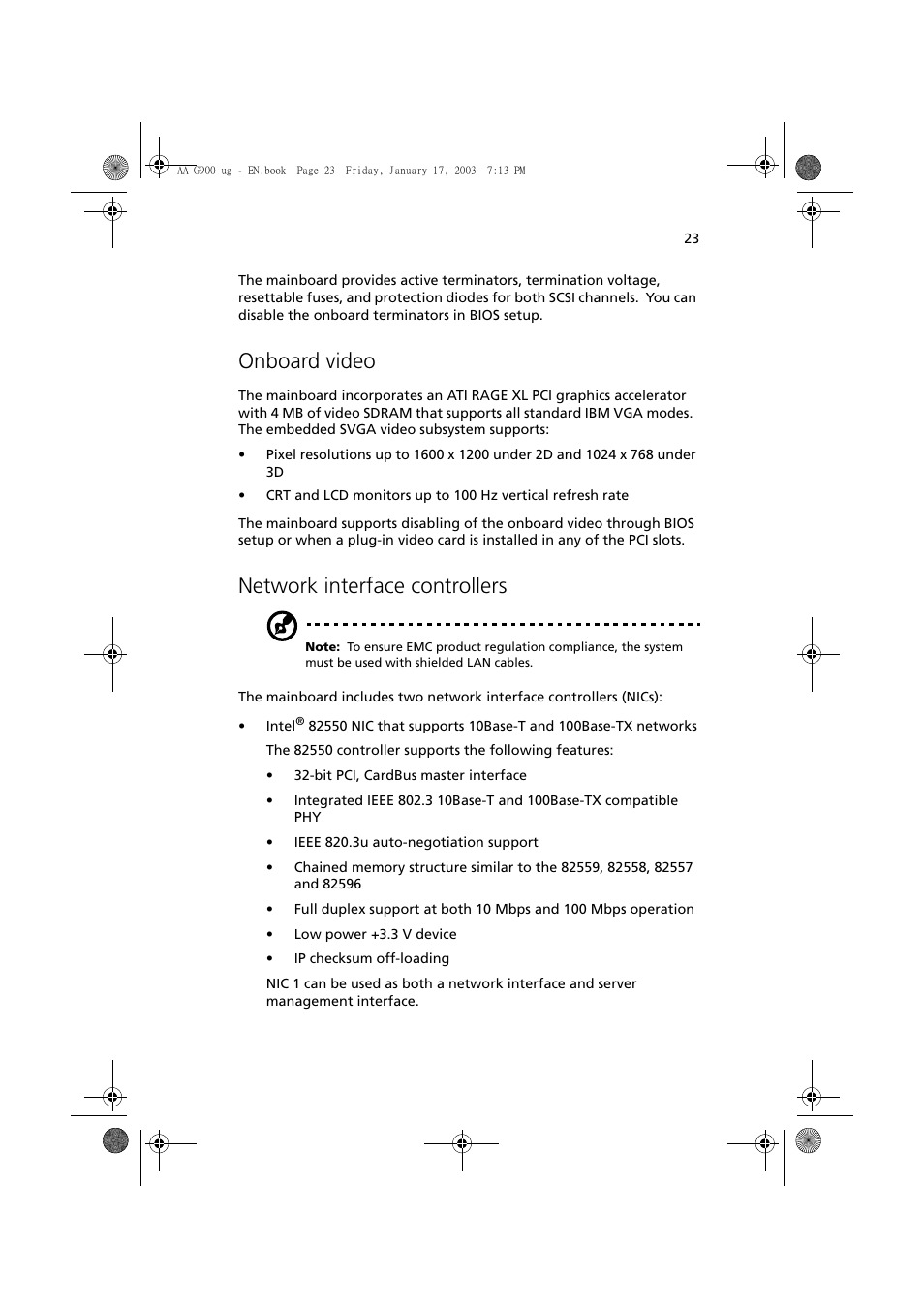 Onboard video, Network interface controllers | Acer Altos G901 User Manual | Page 39 / 244