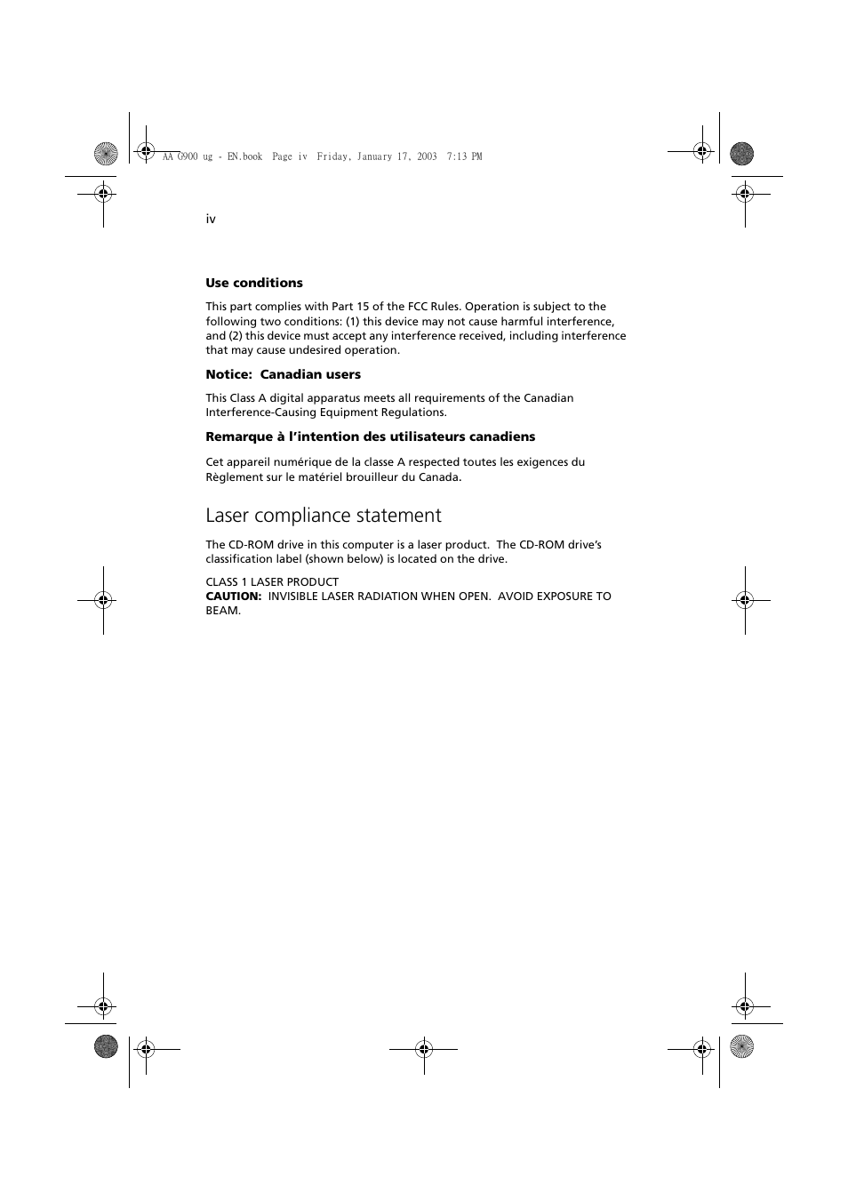 Laser compliance statement | Acer Altos G901 User Manual | Page 4 / 244