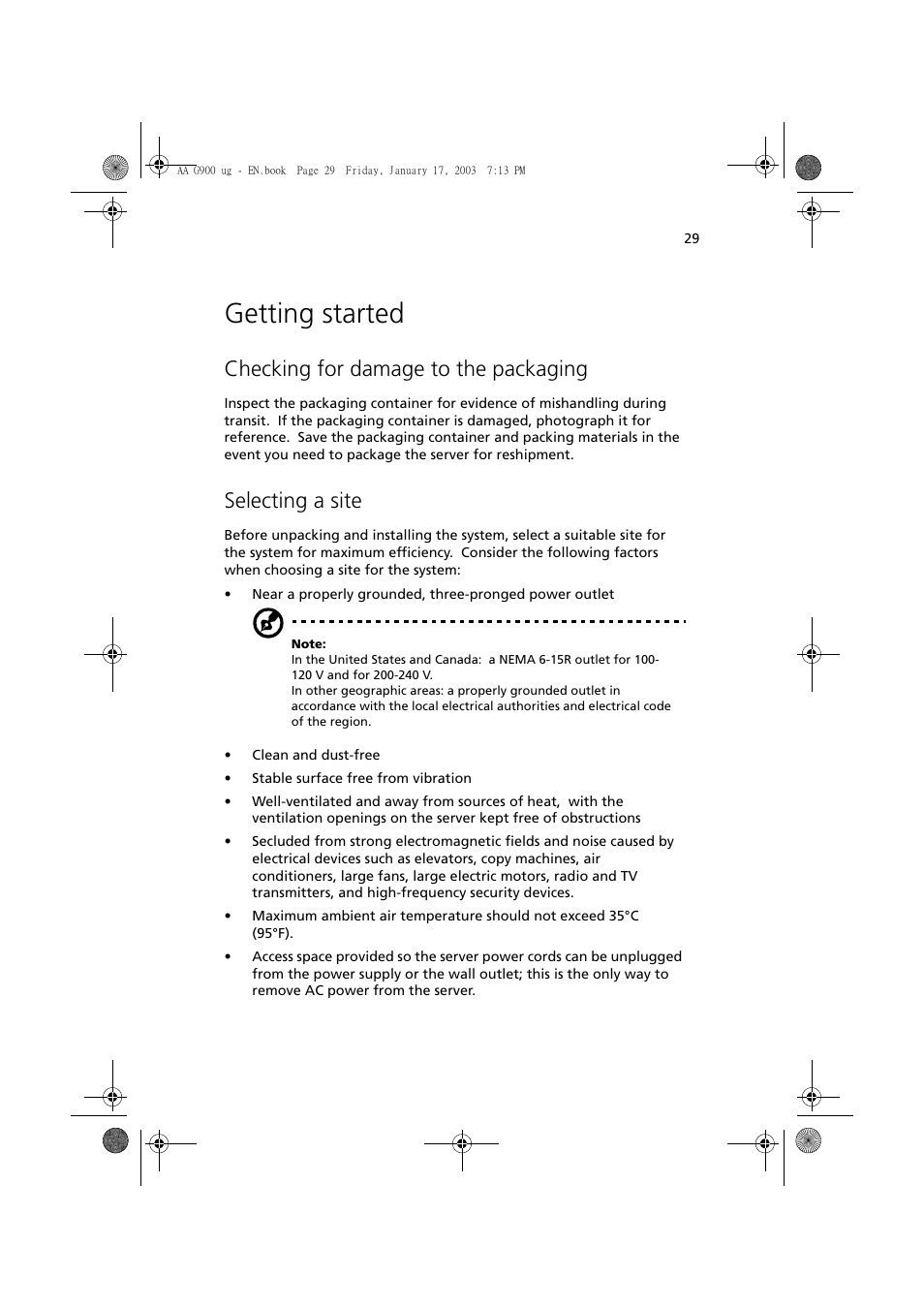 Getting started, Checking for damage to the packaging, Selecting a site | Acer Altos G901 User Manual | Page 45 / 244