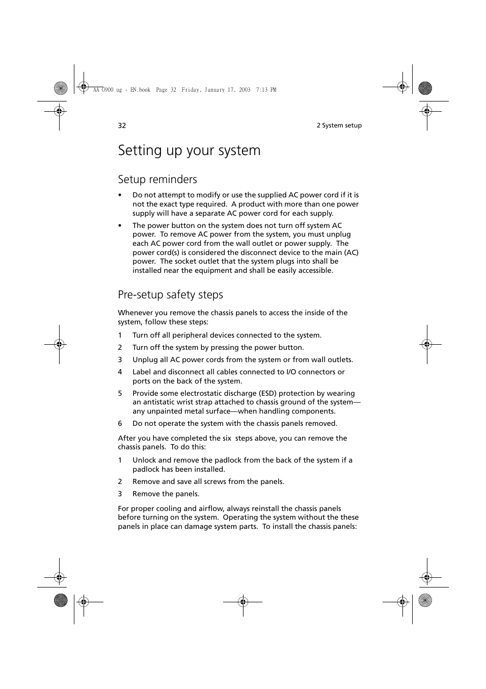 Setting up your system, Setup reminders, Pre-setup safety steps | Acer Altos G901 User Manual | Page 48 / 244