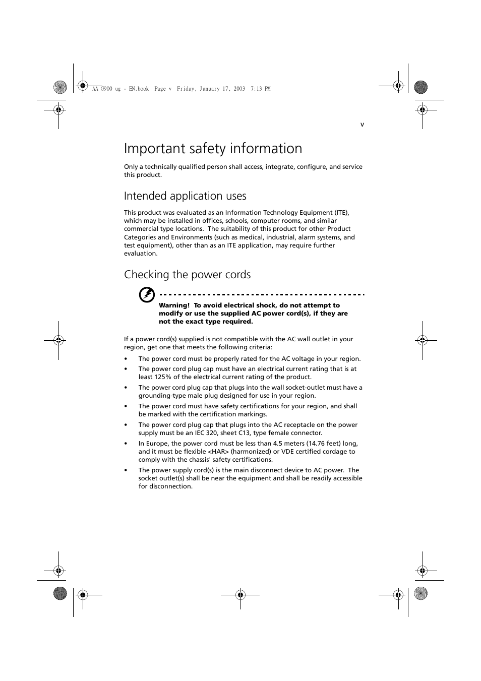Important safety information, Intended application uses, Checking the power cords | Acer Altos G901 User Manual | Page 5 / 244