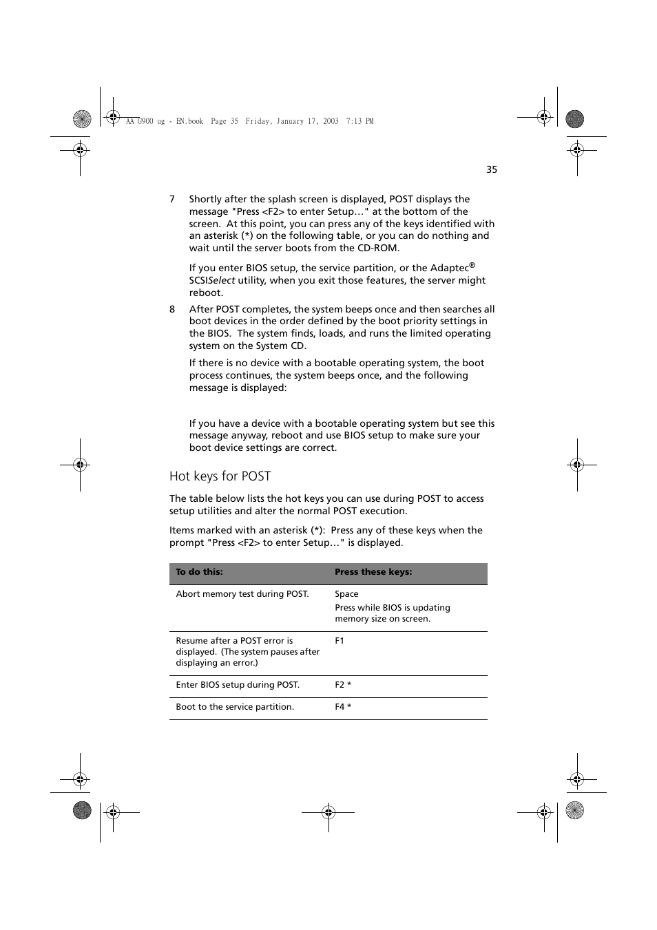 Hot keys for post | Acer Altos G901 User Manual | Page 51 / 244