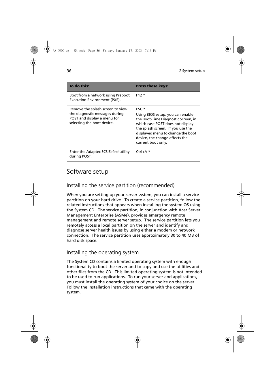 Software setup, Installing the service partition (recommended), Installing the operating system | Acer Altos G901 User Manual | Page 52 / 244