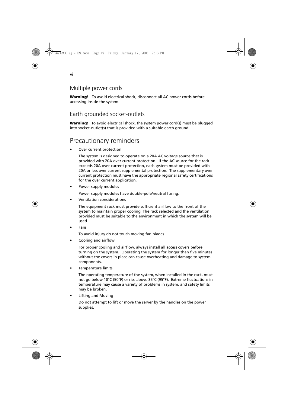 Precautionary reminders, Multiple power cords, Earth grounded socket-outlets | Acer Altos G901 User Manual | Page 6 / 244