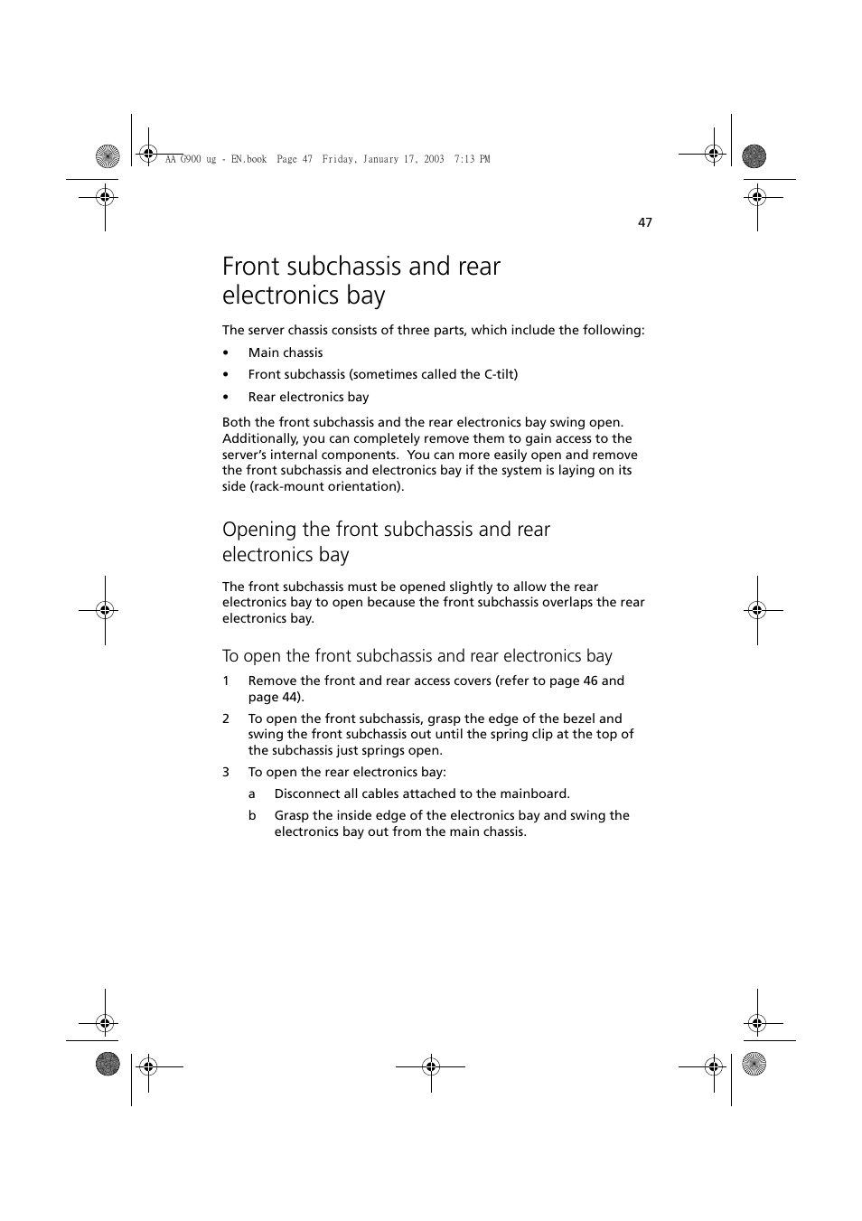 Front subchassis and rear electronics bay | Acer Altos G901 User Manual | Page 63 / 244