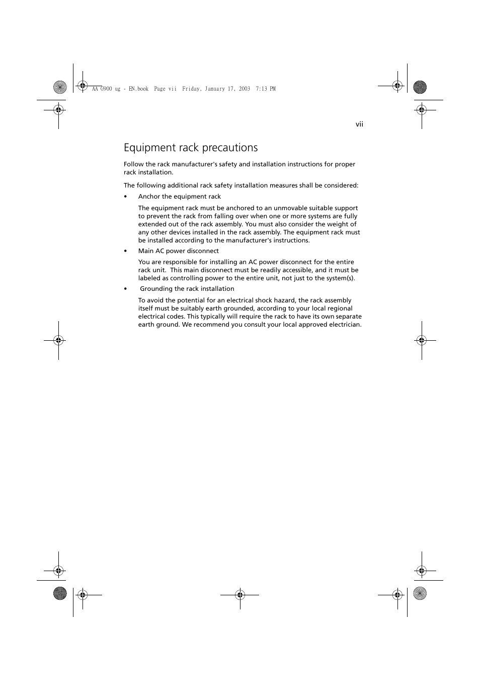 Equipment rack precautions | Acer Altos G901 User Manual | Page 7 / 244