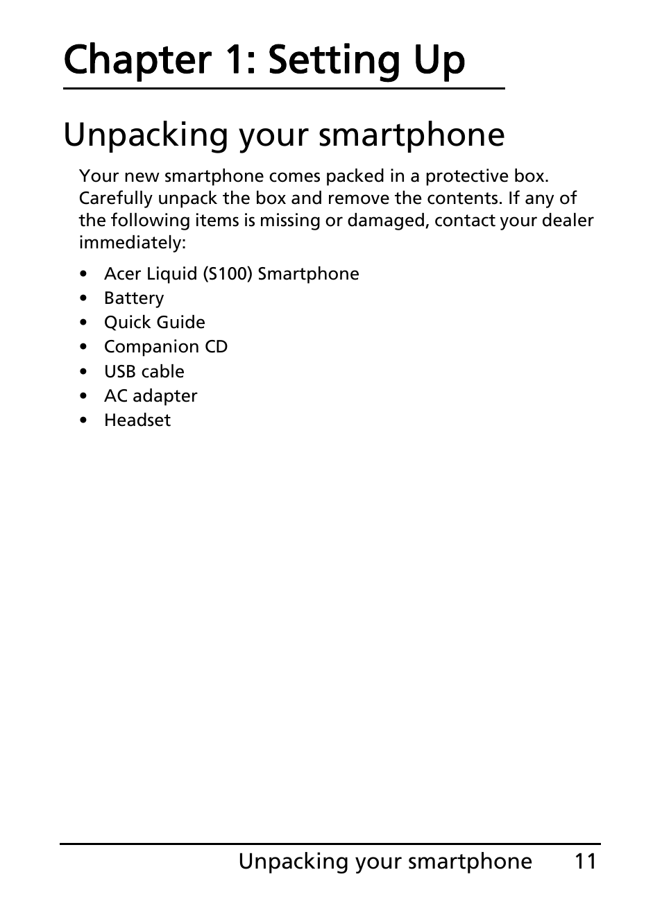 Unpacking your smartphone, Chapter 1: setting up | Acer S100 User Manual | Page 11 / 80