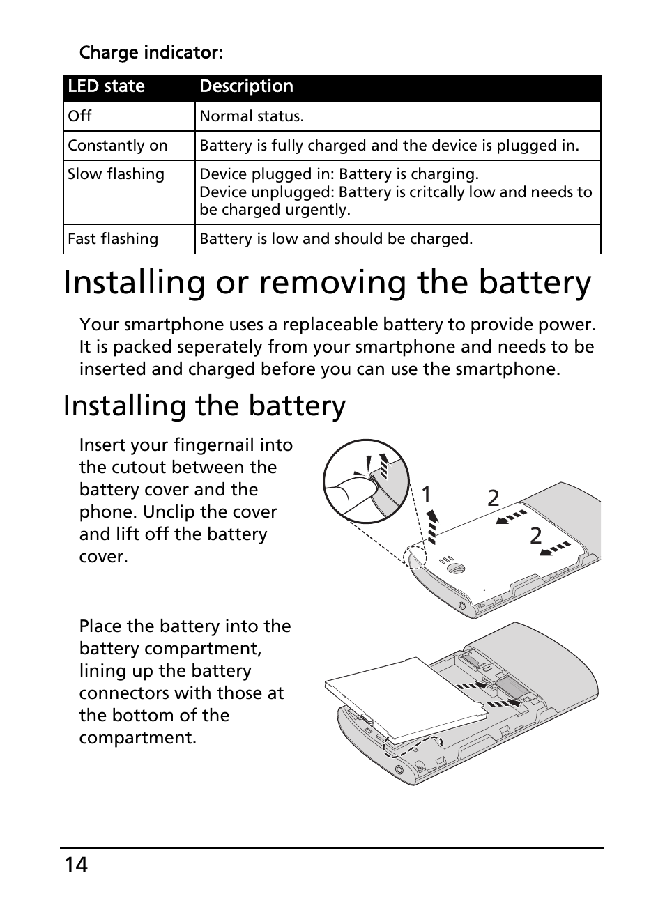 Installing or removing the battery, Installing the battery | Acer S100 User Manual | Page 14 / 80