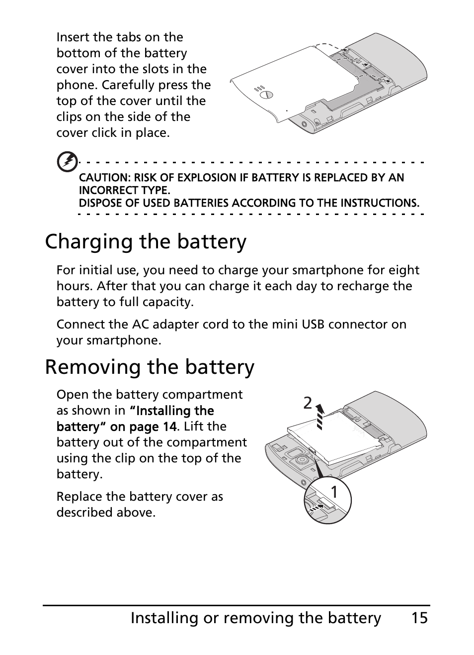 Charging the battery, Removing the battery | Acer S100 User Manual | Page 15 / 80